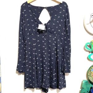 New American Eagle Outfitters women romper L black Bow Dot Long Sleeve